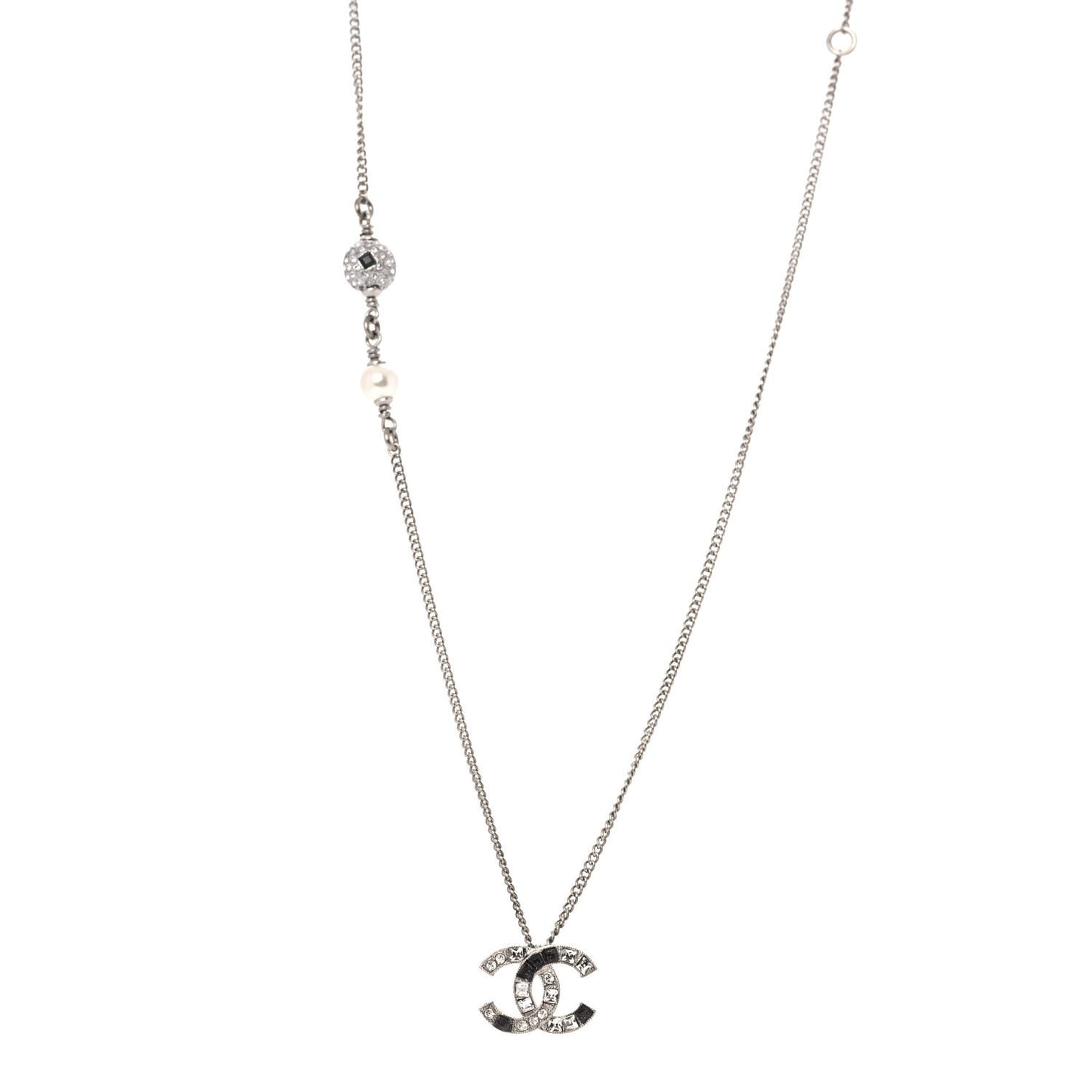 Baguette Crystal Pearl CC Necklace Silver Black