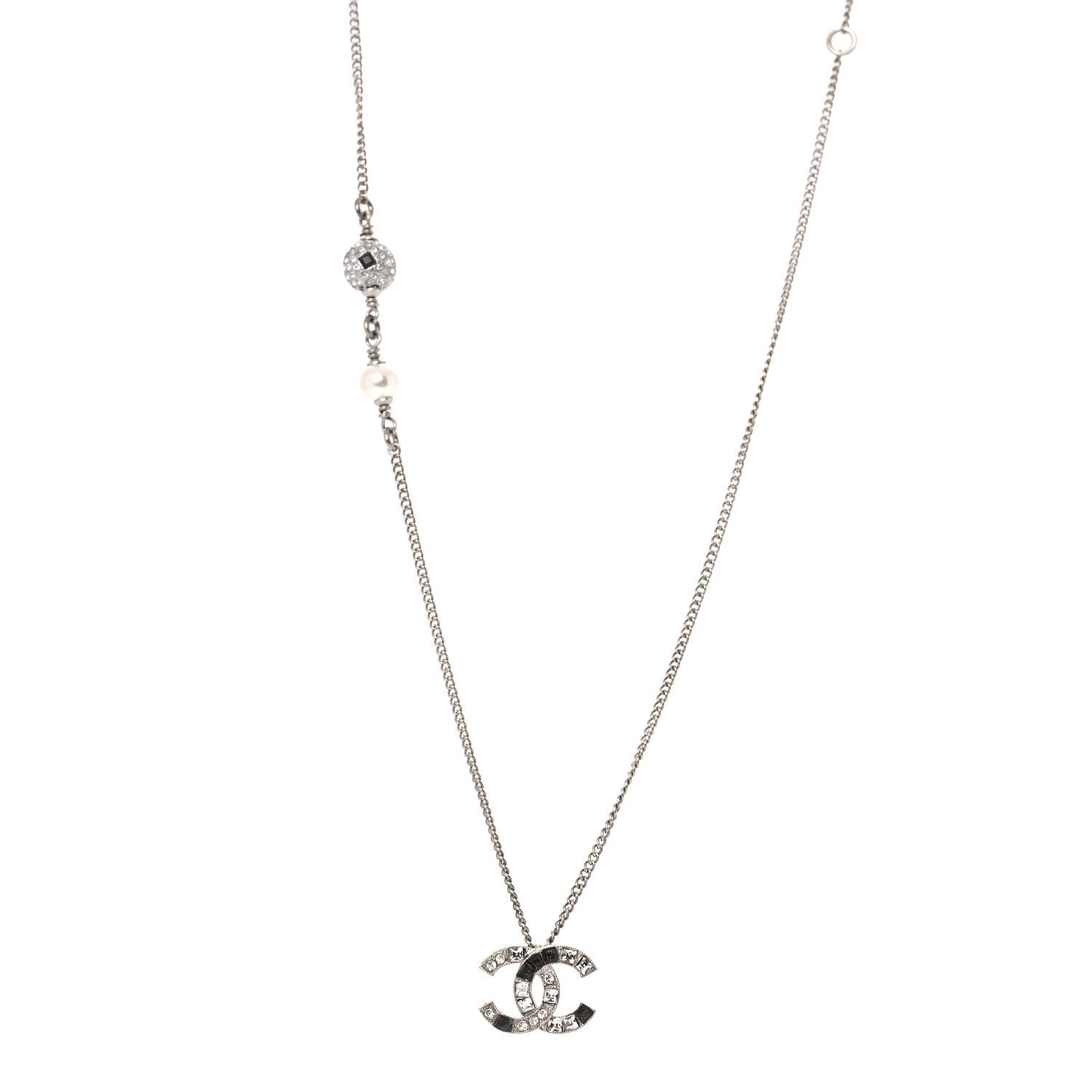 Chanel Baguette Crystal Pearl CC Necklace Silver Black 1 of 6