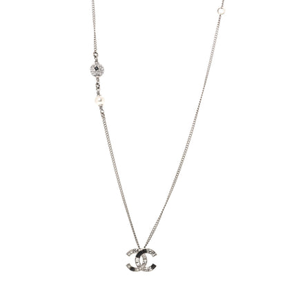 Chanel Baguette Crystal Pearl CC Necklace Silver Black 1 of 6