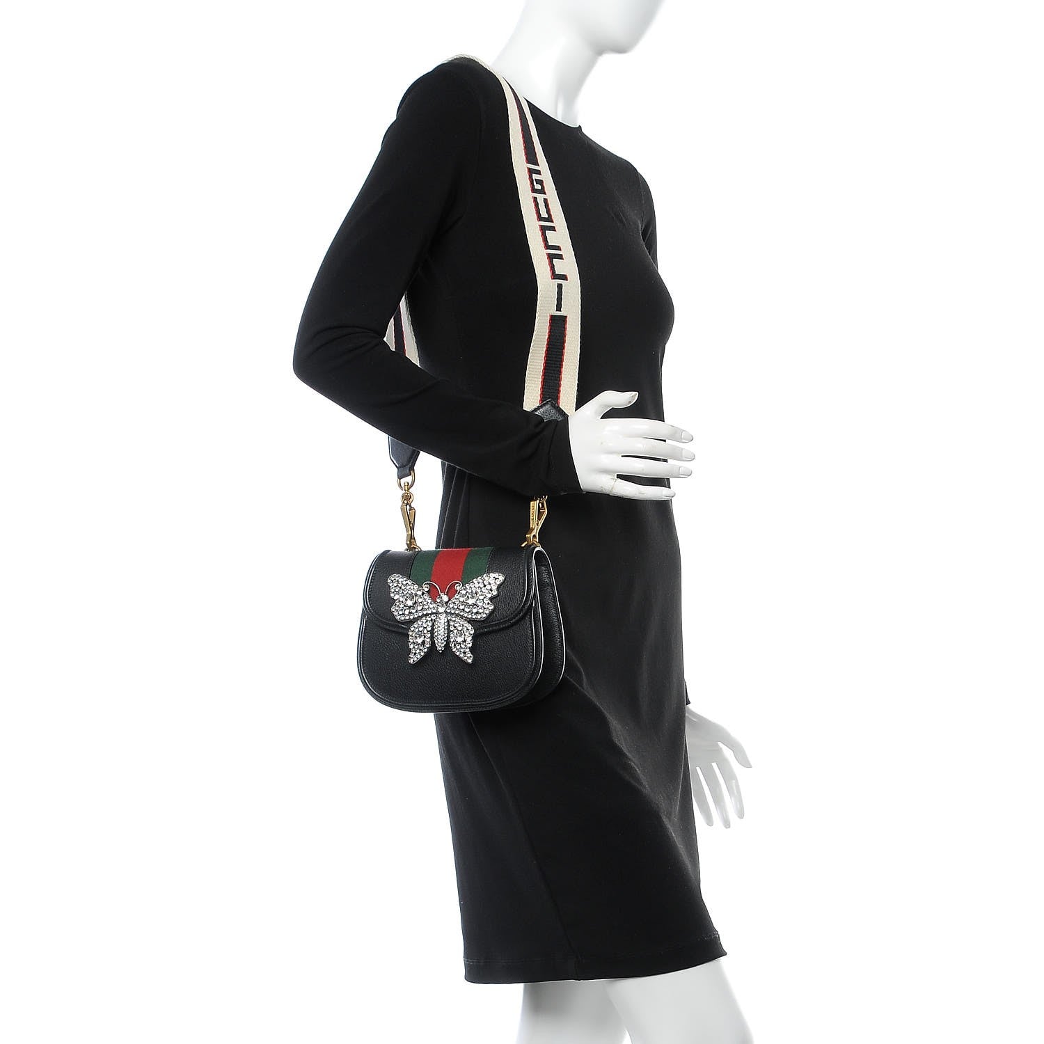 Gucci Calfskin Web Crystal Butterfly Stripe Small Totem Shoulder Bag Black 2 of 7