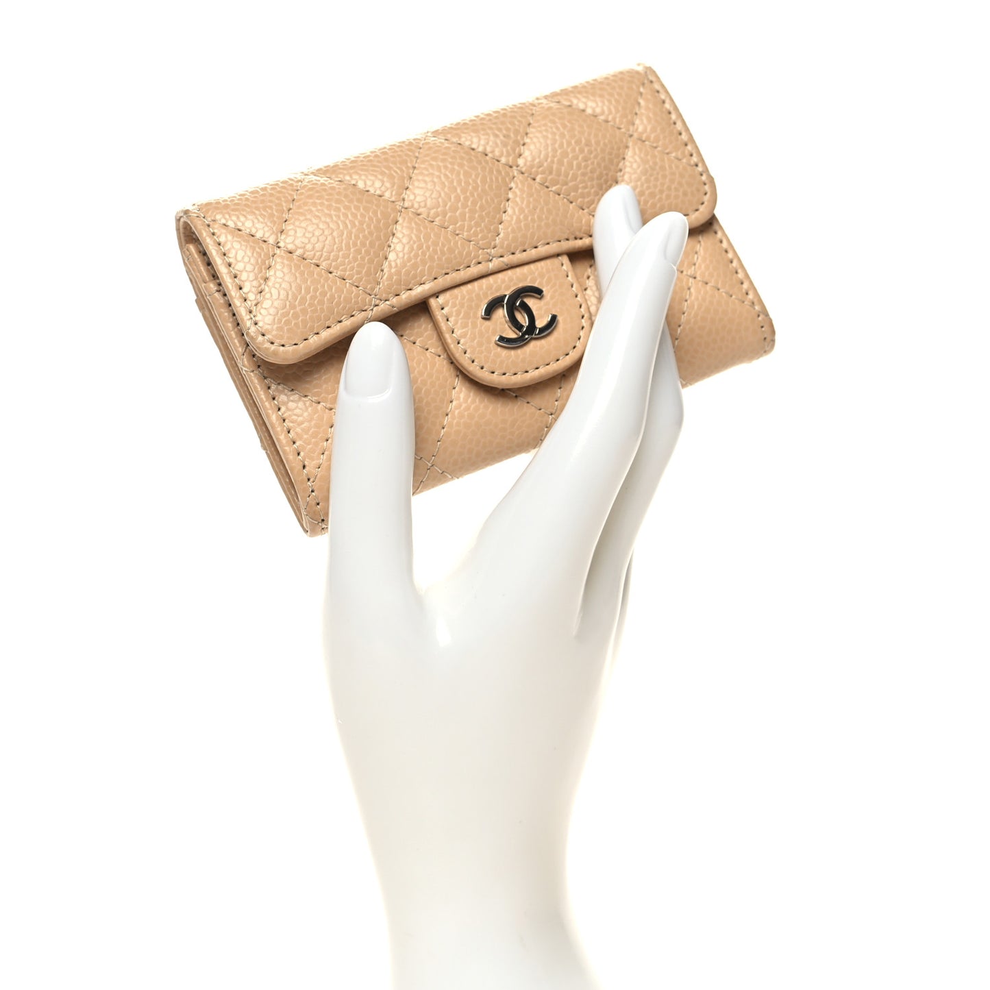 Caviar Quilted Flap Card Holder Wallet Beige