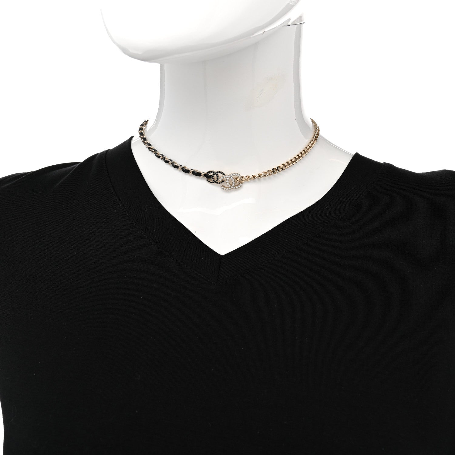Chanel Metal Calfskin Crystal Double CC Short Necklace Black Gold 2 of 6