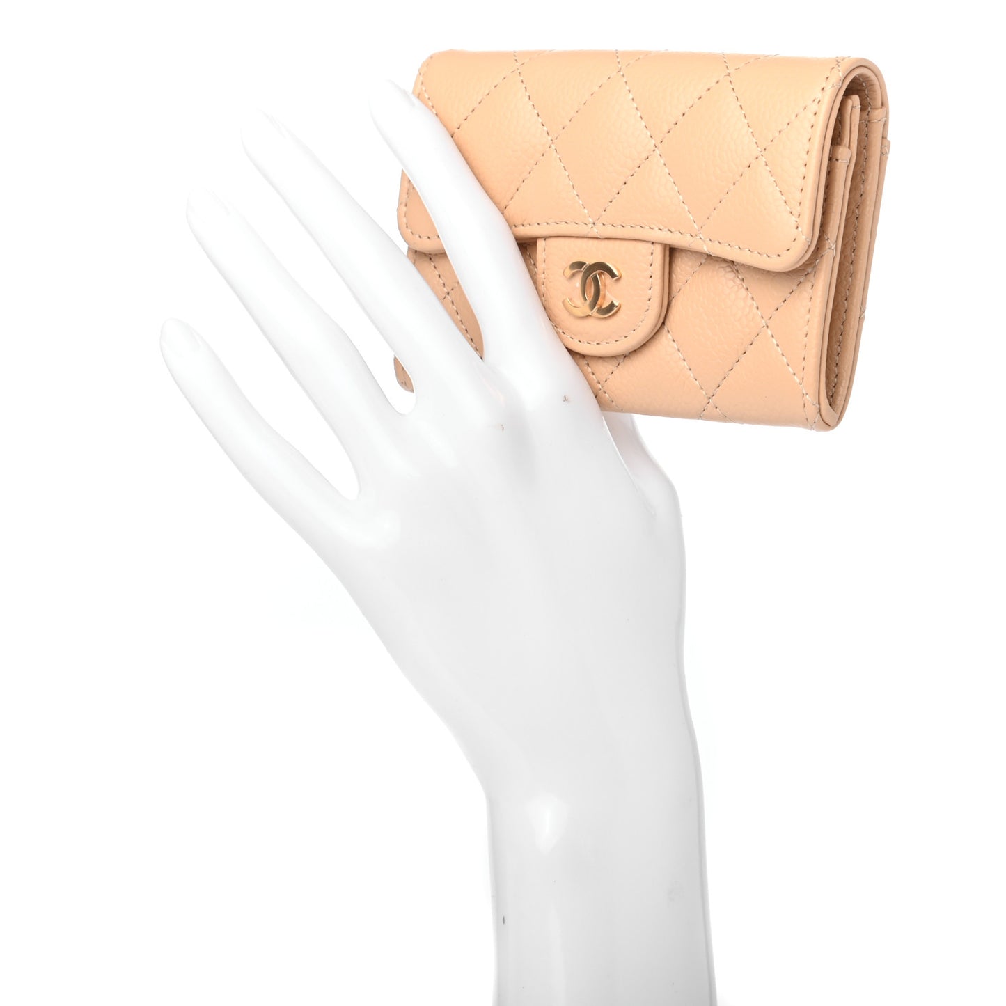 Caviar Quilted Flap Card Holder Wallet Beige