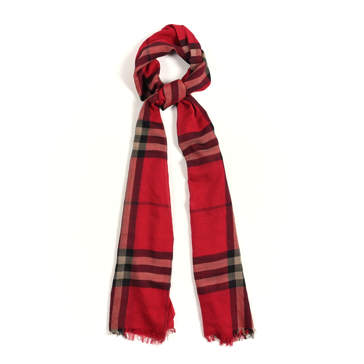 Burberry Wool Silk Giant Check Fringe Scarf Red 1 of 3