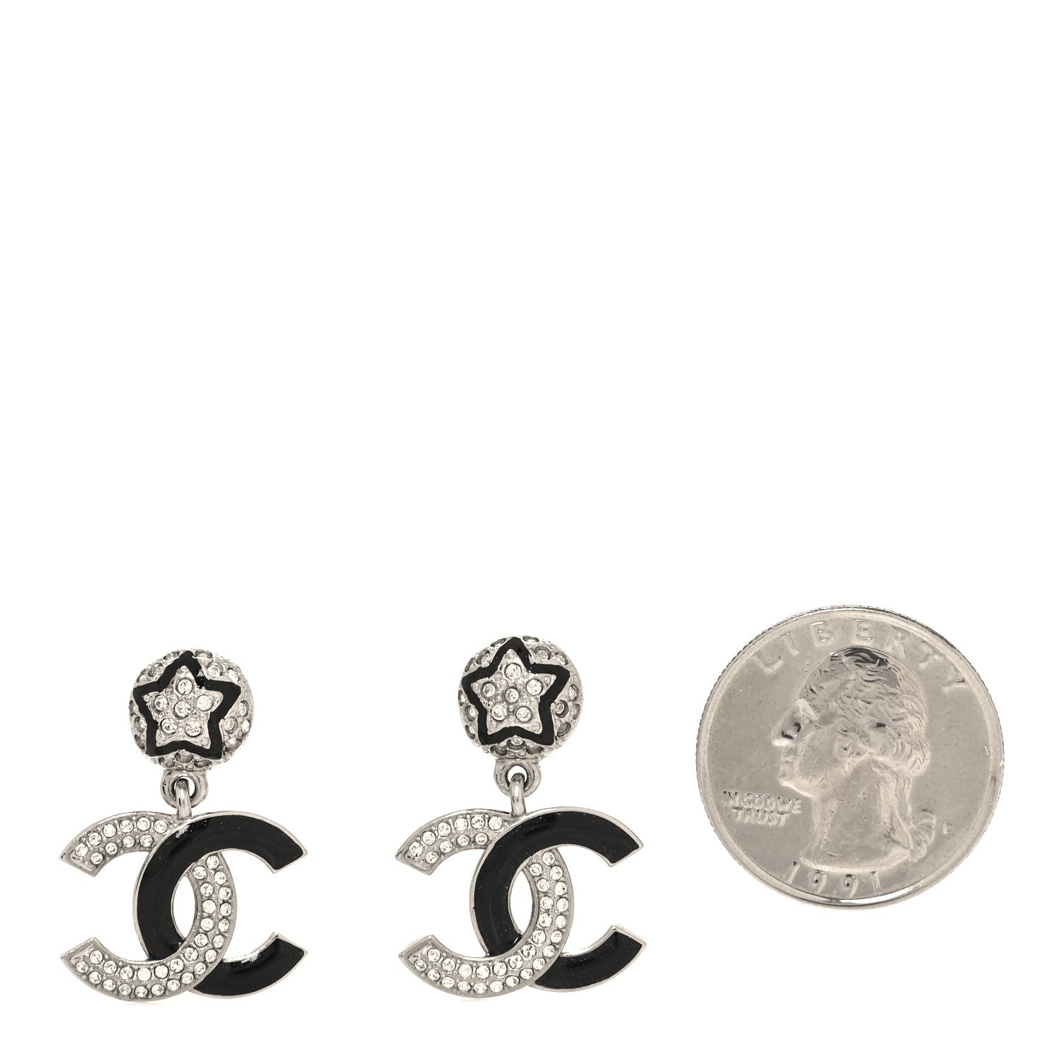 Chanel Crystal Enamel CC Star Drop Earrings Silver Black 2 of 5