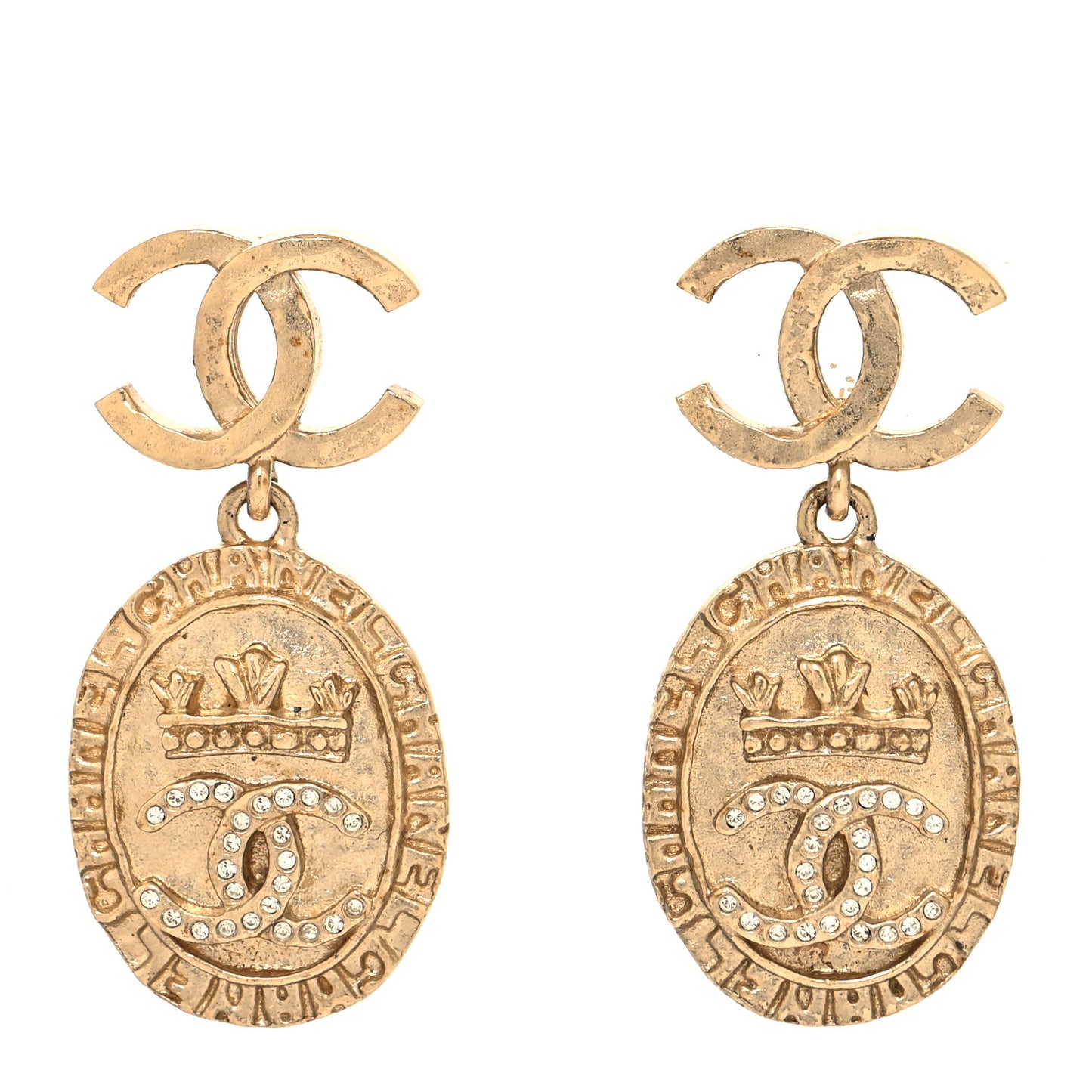 Crystal CC Medallion Drop Earrings Gold
