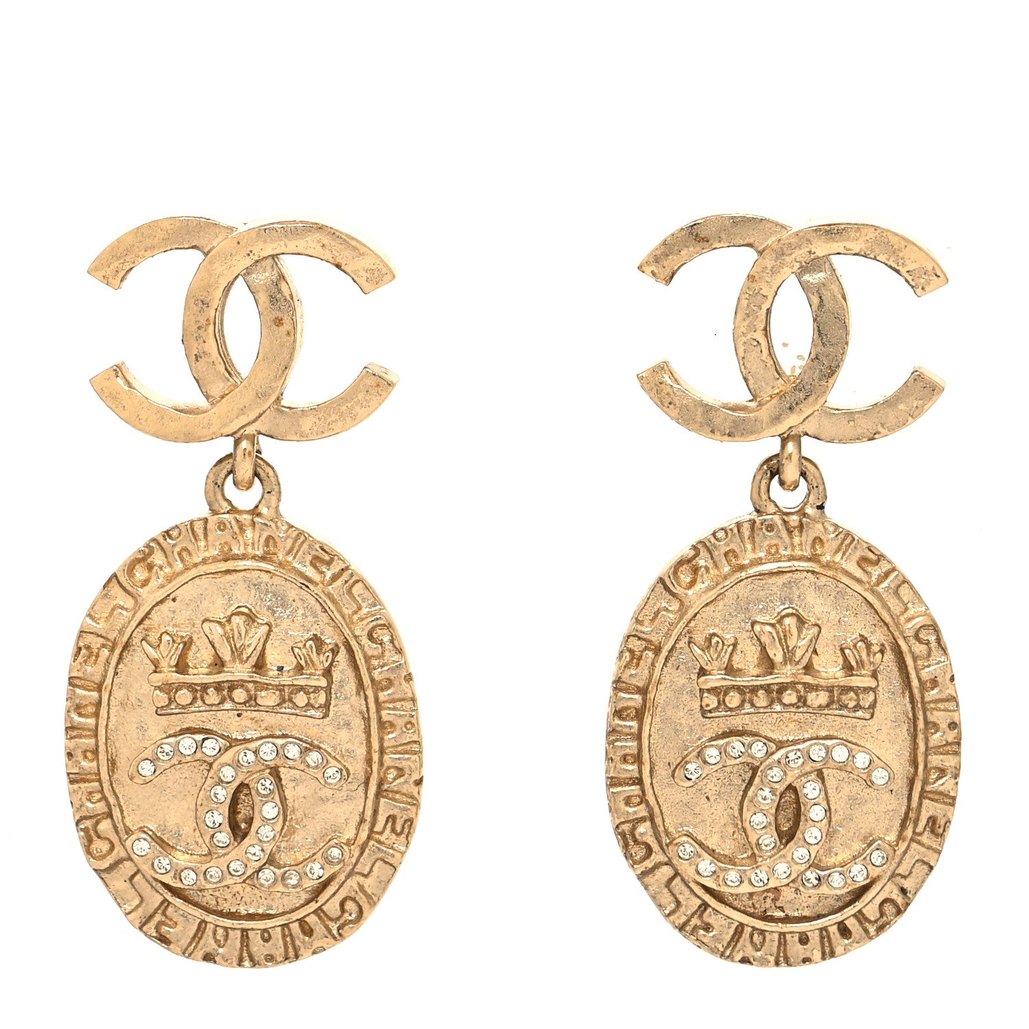 Chanel Crystal CC Medallion Drop Earrings Gold 1 of 4
