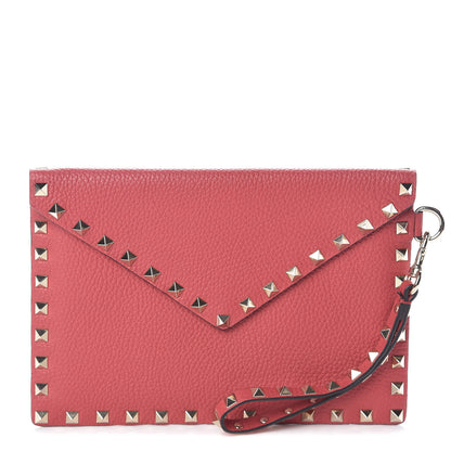 Valentino Garavani Pebbled Calfskin Medium Rockstud Envelope Flat Wristlet Pouch Red 1 of 7