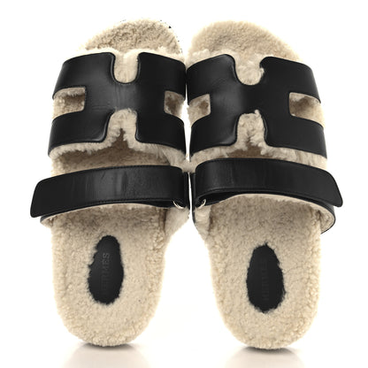 Hermes Calfskin Woolskin Mens Chypre Sandals 41.5 Black Ecru 2 of 9
