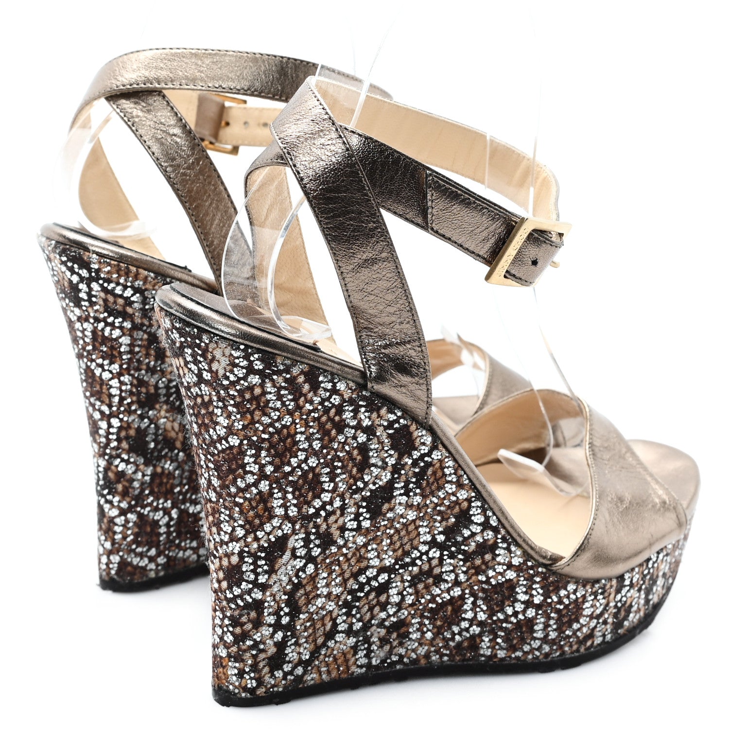 Jimmy Choo Glitter Fabric Metallic Calfskin 120 Wedge Sandals 38 Gold 5 of 8
