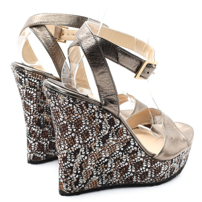 Jimmy Choo Glitter Fabric Metallic Calfskin 120 Wedge Sandals 38 Gold 5 of 8