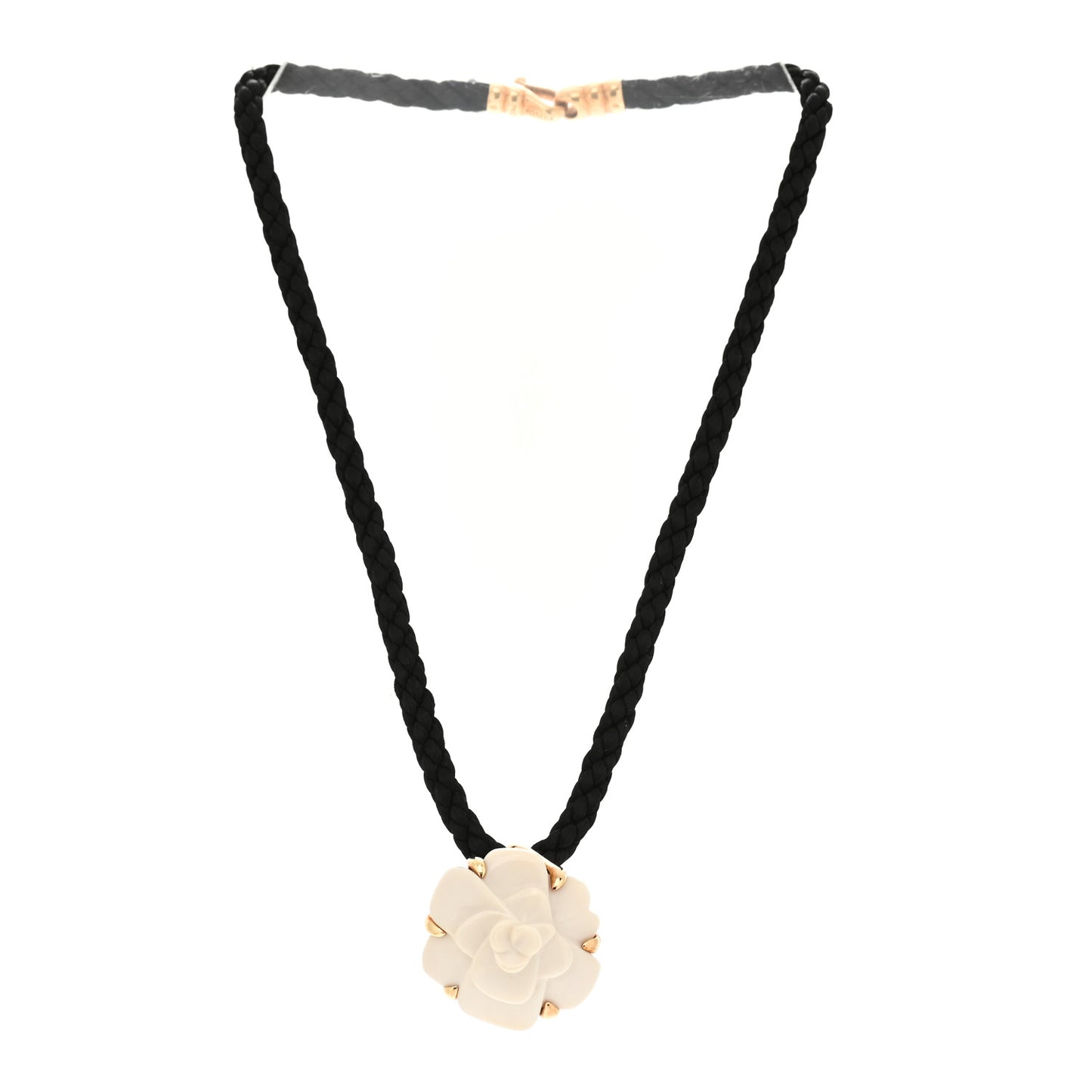 18K Yellow Gold White Agate Camellia Sculpte Cord Necklace