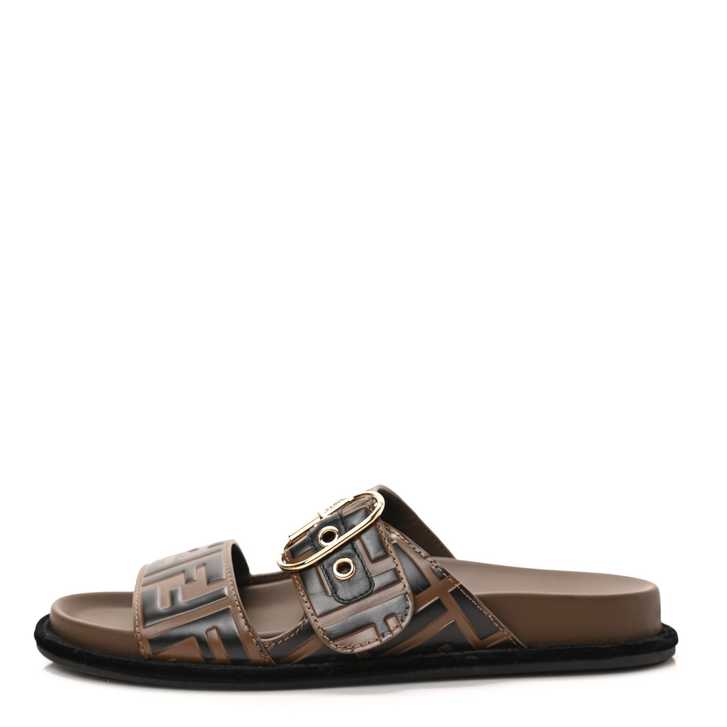 Calfskin FF Embossed Pearland Slide Sandals 39 Tobacco Moro