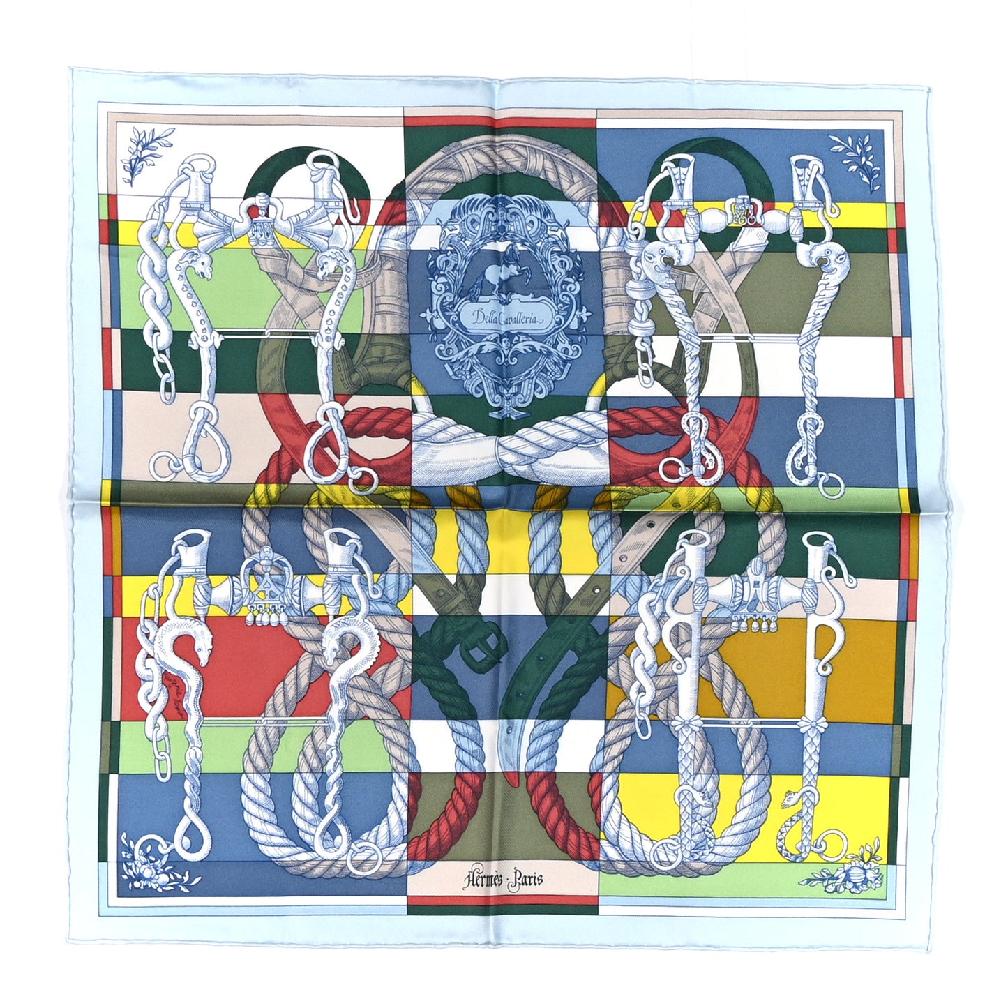 Silk Della Cavalleria Pocket Square Scarf  Bleu Ciel Vert Jaune
