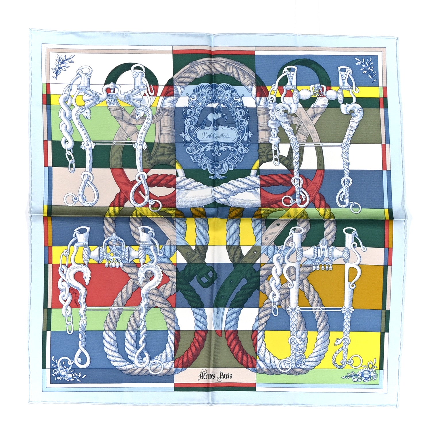 Hermes Silk Della Cavalleria Pocket Square Scarf  Bleu Ciel Vert Jaune 1 of 4
