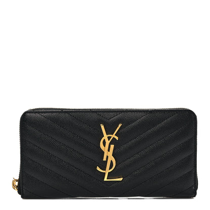 Saint Laurent Grain De Poudre Matelasse Chevron Monogram Zip Around Wallet Black 1 of 7