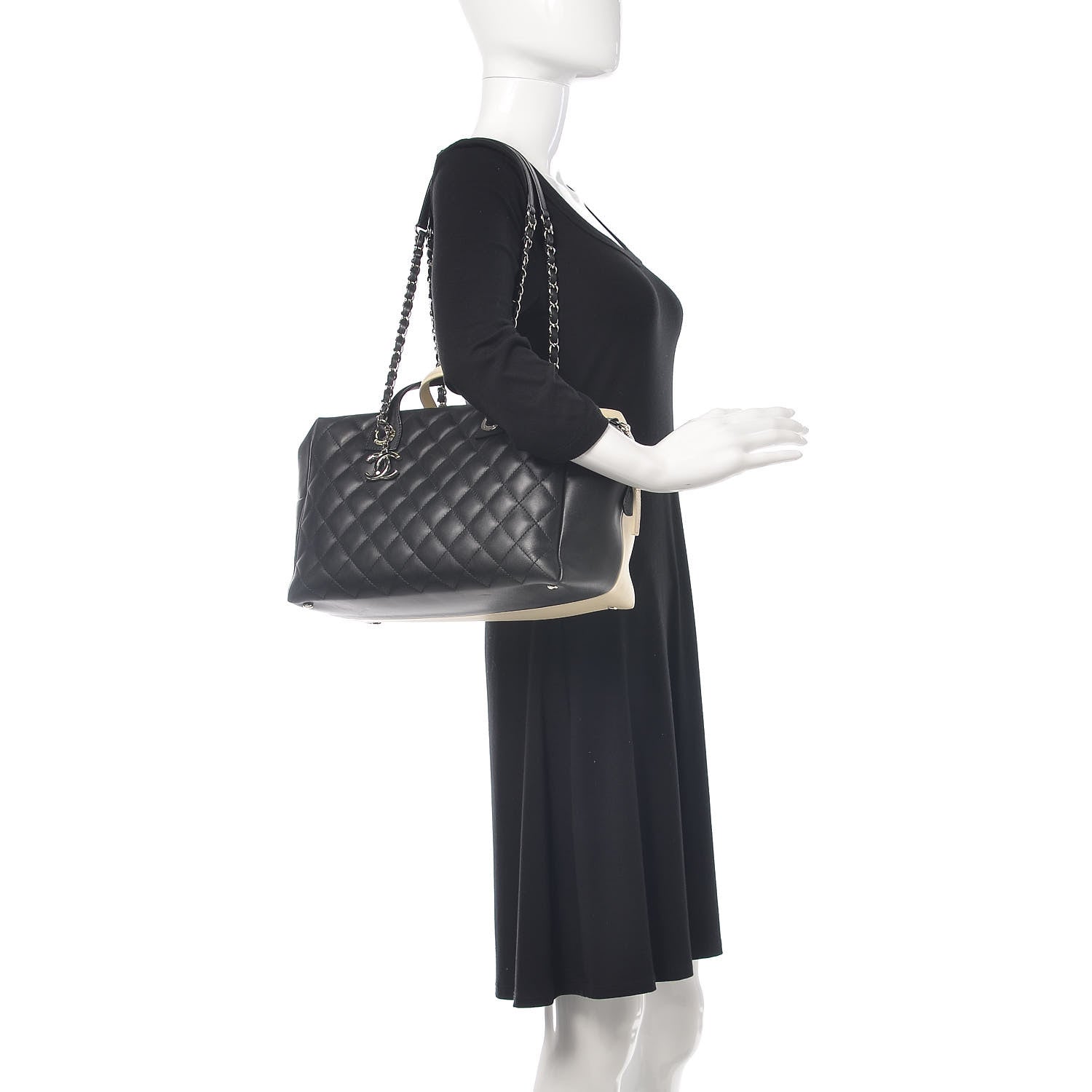 Chanel Calfskin Quilted Feather Weight Bowling Bag Black Beige 2 of 17