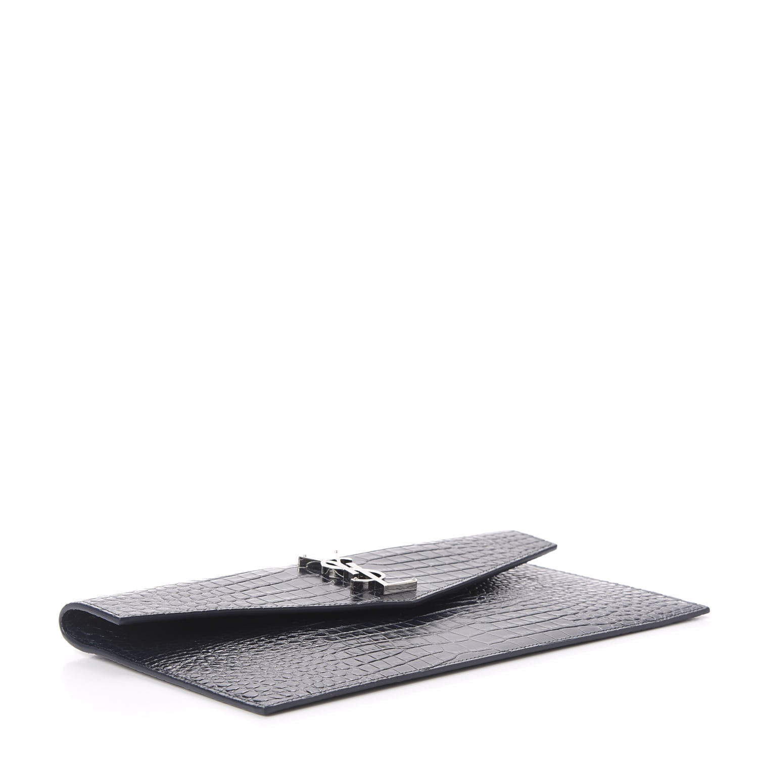 Saint Laurent Calfskin Crocodile Embossed Uptown Monogram Clutch Deep Marine 3 of 9