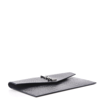 Saint Laurent Calfskin Crocodile Embossed Uptown Monogram Clutch Deep Marine 3 of 9