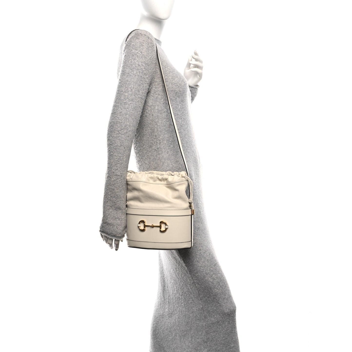 Azalea Sakai Calfskin Horsebit 1955 Drawstring Bucket Bag Mystic White