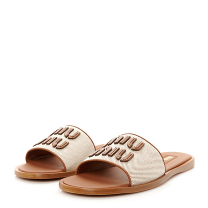 Miu Miu Canvas Calfskin Logo Sandals 38.5 Naturale 4 of 8
