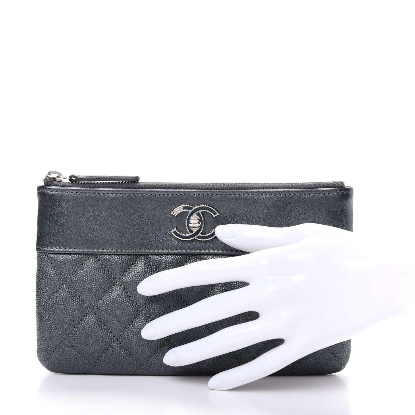 Metallic Caviar Quilted Mademoiselle Vintage Zip Pouch Dark Grey