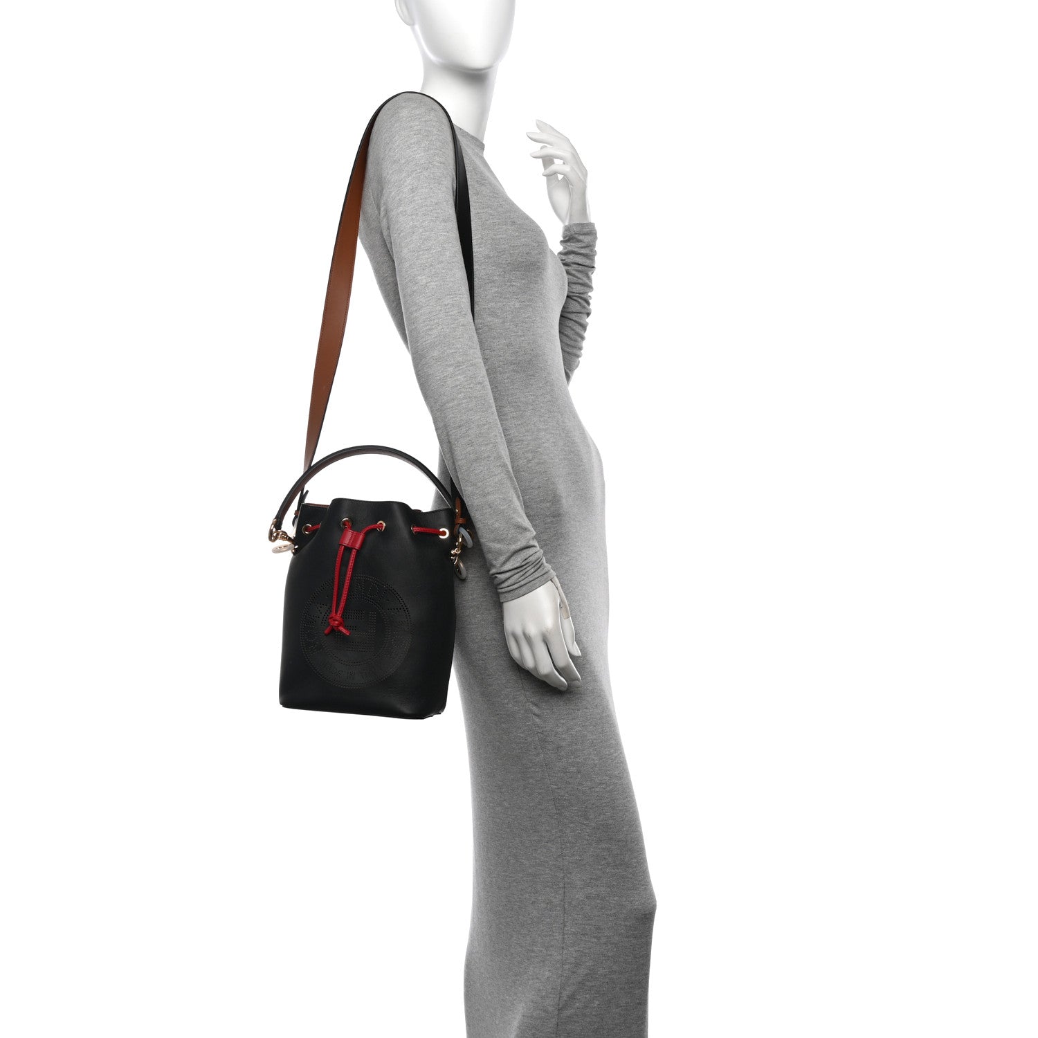 Fendi Vitello Grace F is Fendi Stamp Patch Perforated Small Mon Tresor Bucket Bag Black 2 of 9