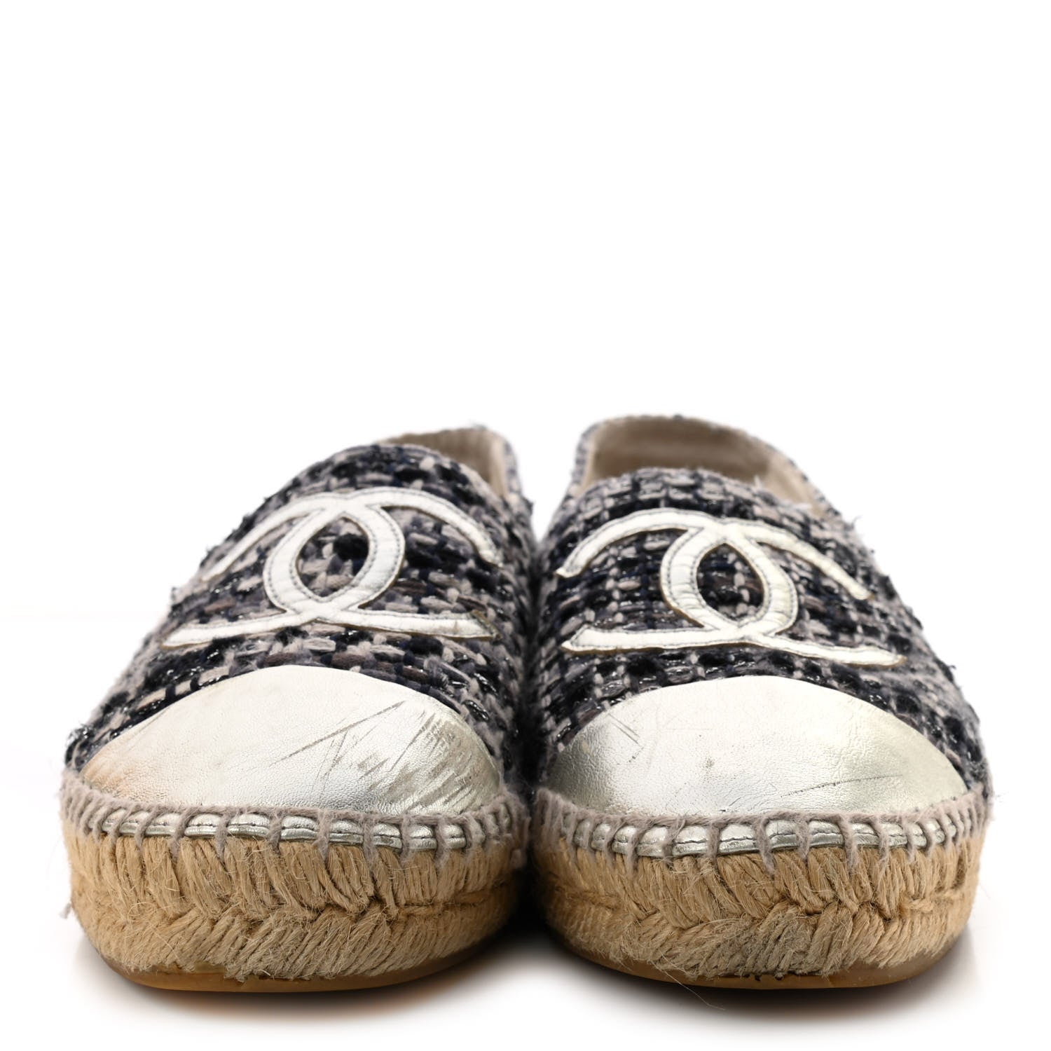 Chanel Metallic Tweed Lambskin CC Espadrilles 38 Blue Black Silver 2 of 14