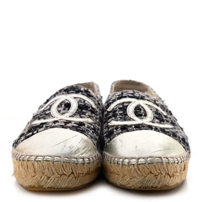 Chanel Metallic Tweed Lambskin CC Espadrilles 38 Blue Black Silver 2 of 14