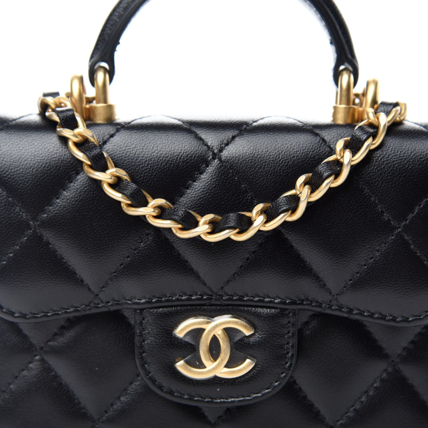 Lambskin Quilted Top Handle Flap Coin Purse With Chain Black