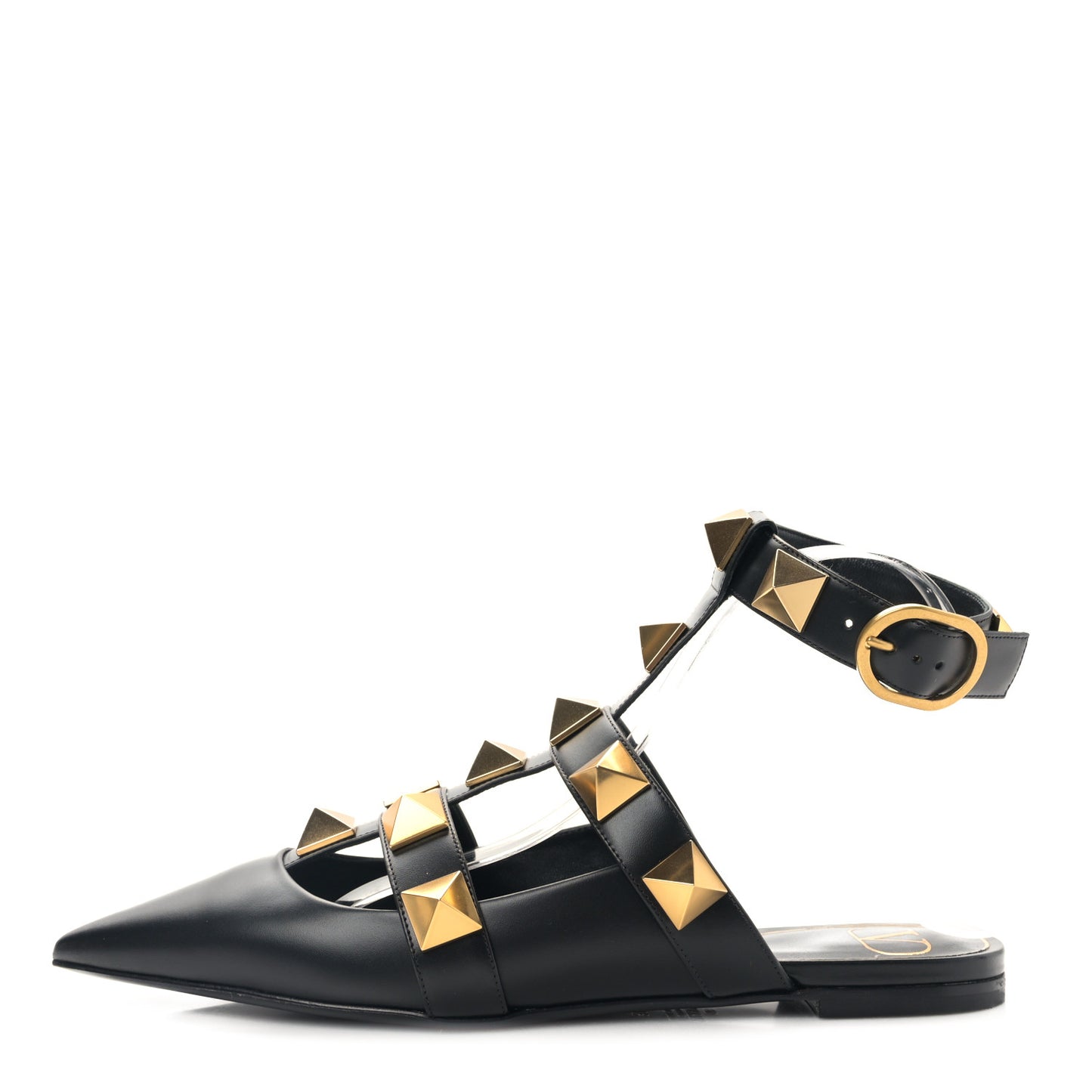 Calfskin Roman Stud Ankle Strap Flat Mules 38.5 Black