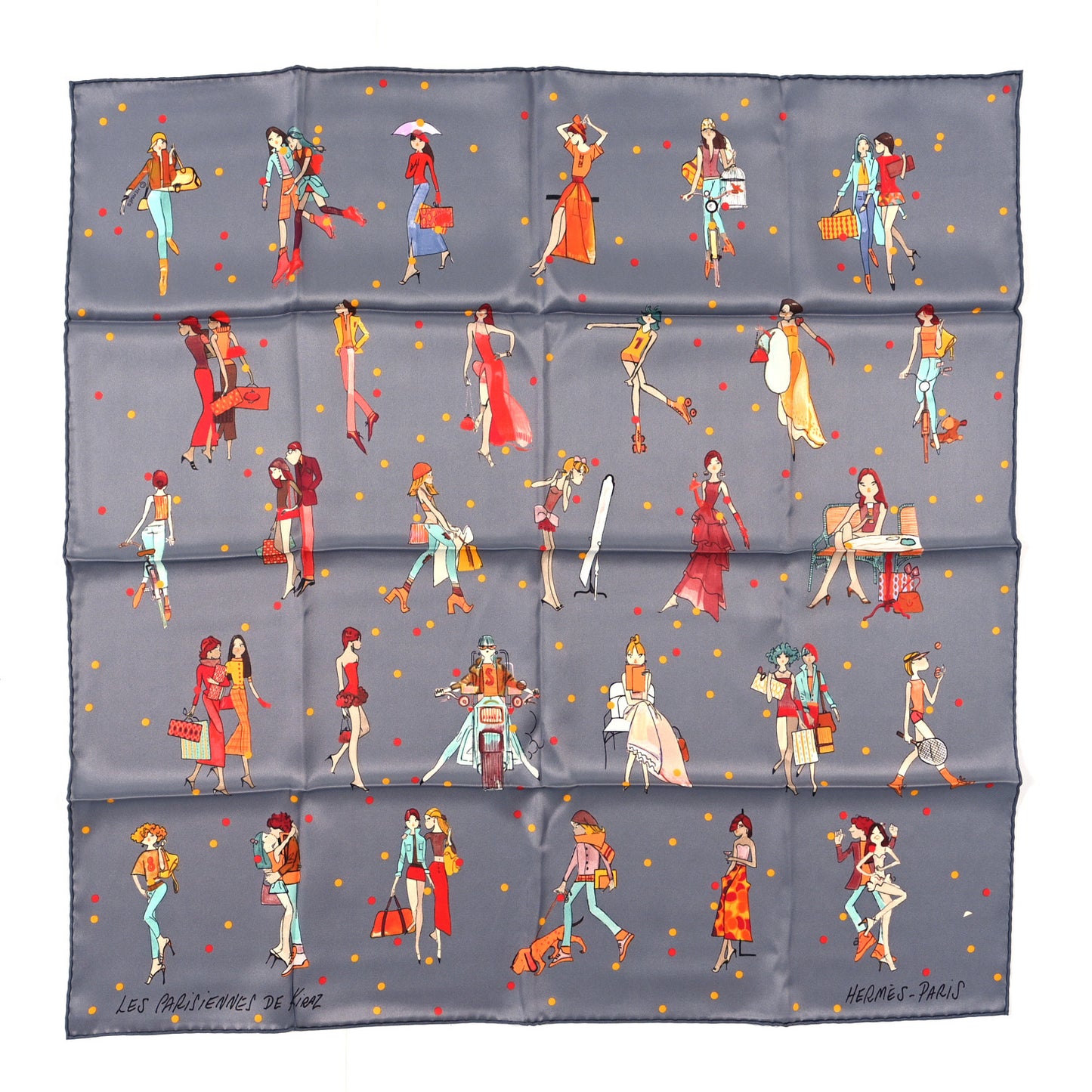 Silk Ex-Libris Les Parisiennes Scarf 70 Gris Cendre Corail Orange