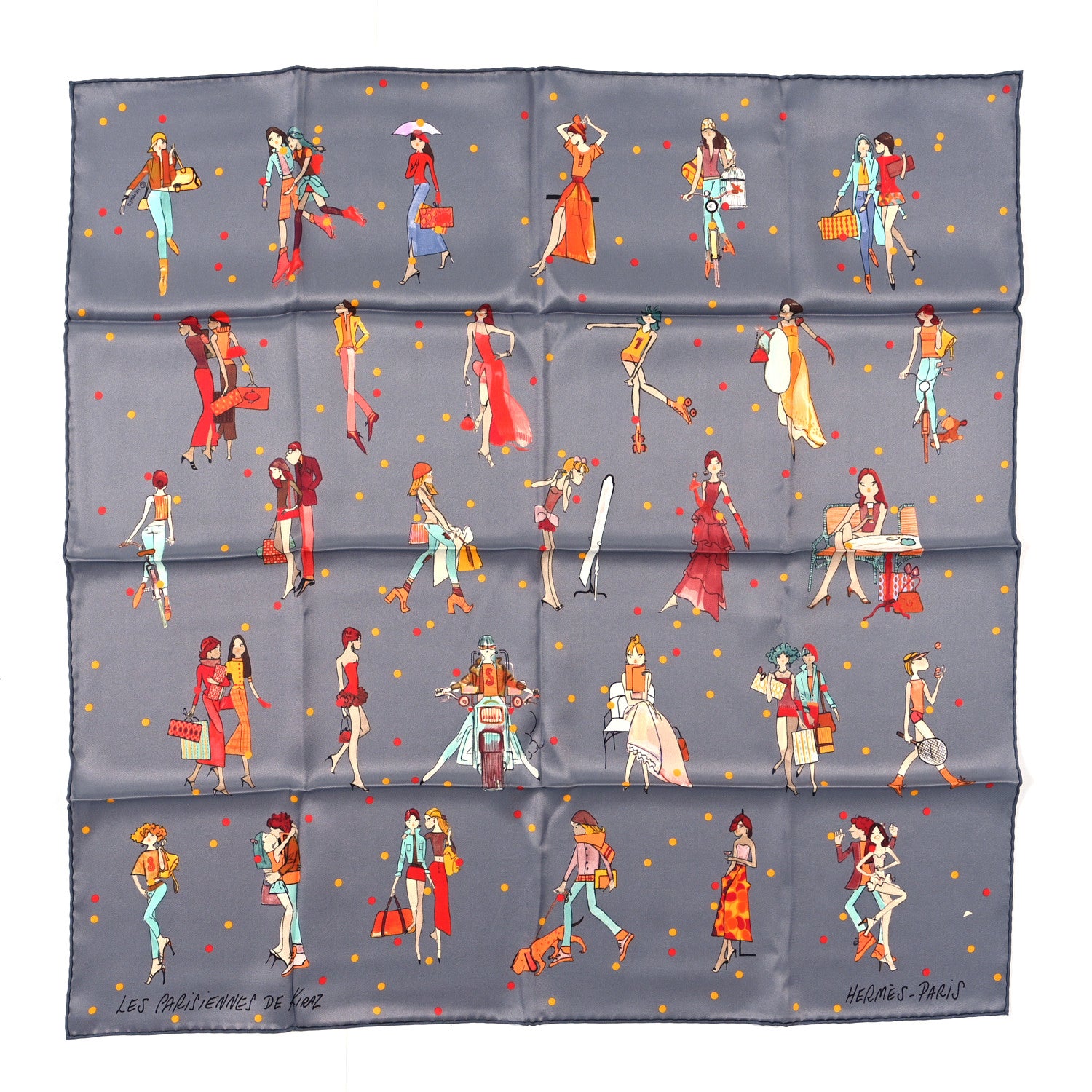 Hermes Silk Ex-Libris Les Parisiennes Scarf 70 Gris Cendre Corail Orange 1 of 4