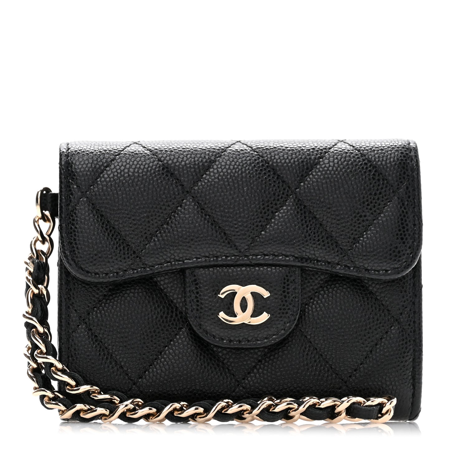 Caviar Quilted Flap Card Holder Chain Wristlet Black