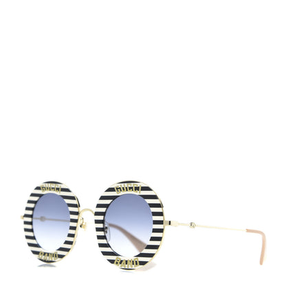 Gucci Metal Acetate Striped Gucci Band Round Frame Sunglasses GG0113S Black White 1 of 7