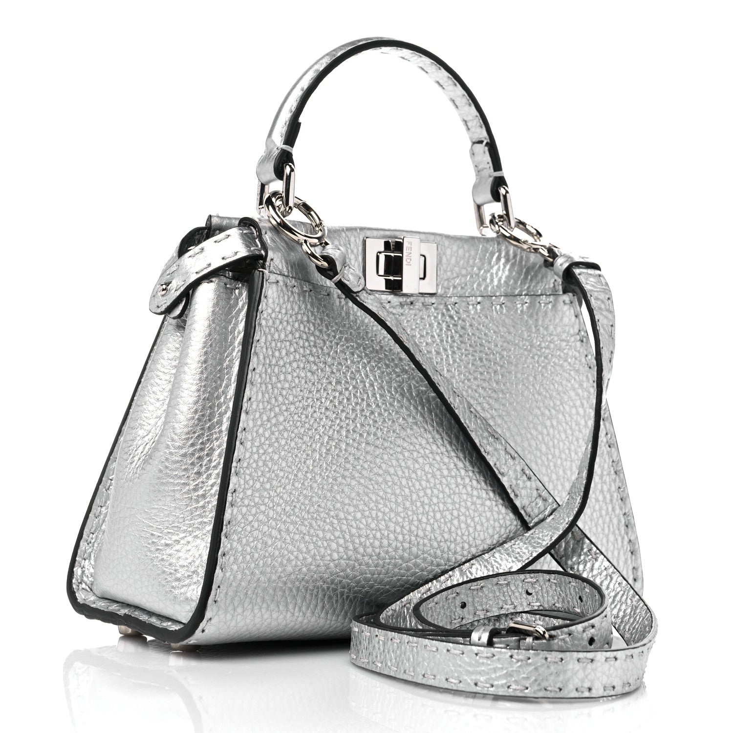 Fendi Cuoio Romano Lux Selleria Mini Peekaboo Iconic Satchel Argento 3 of 9