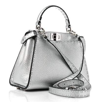 Fendi Cuoio Romano Lux Selleria Mini Peekaboo Iconic Satchel Argento 3 of 9