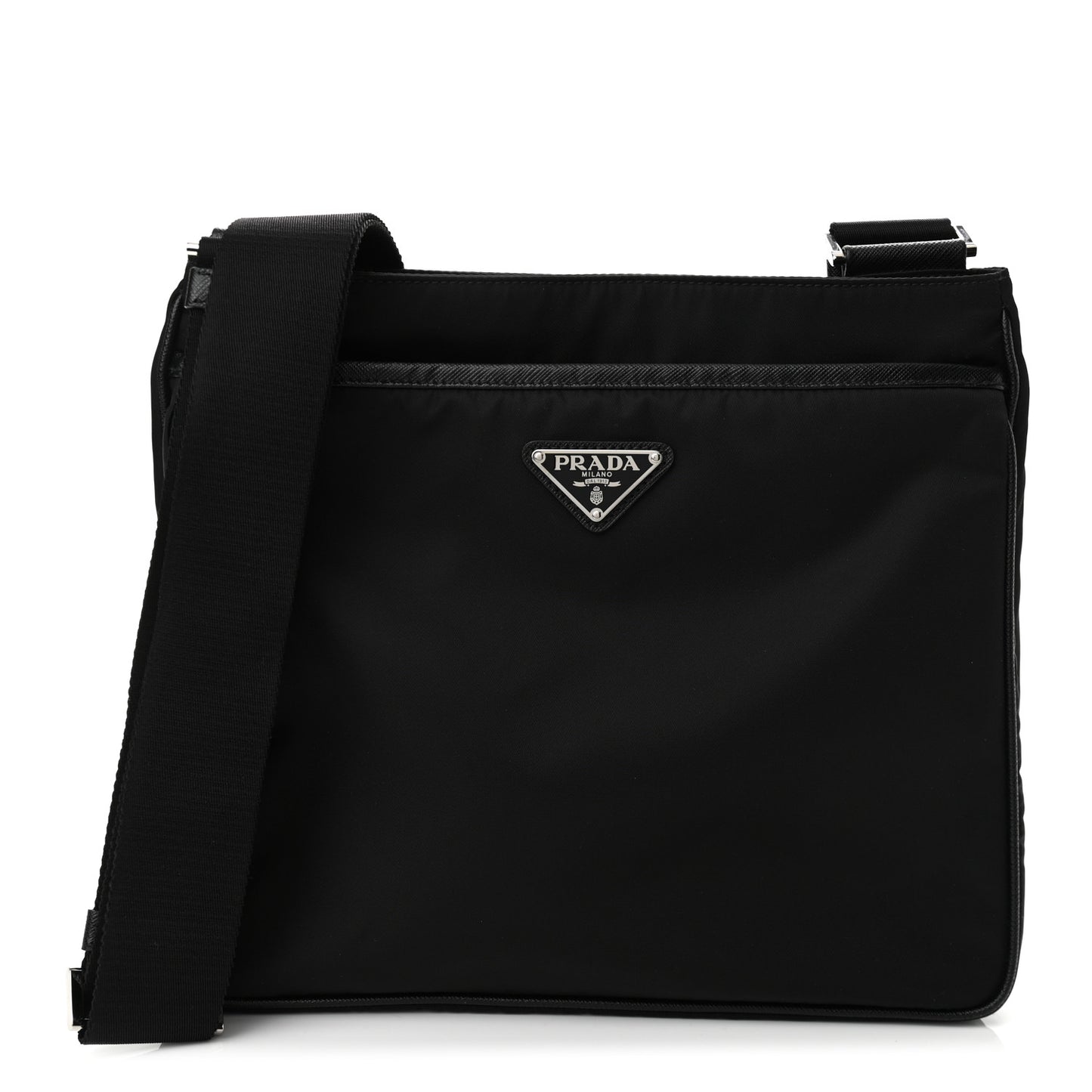 Re-Nylon Saffiano Pocket Flat Messenger Bag Black