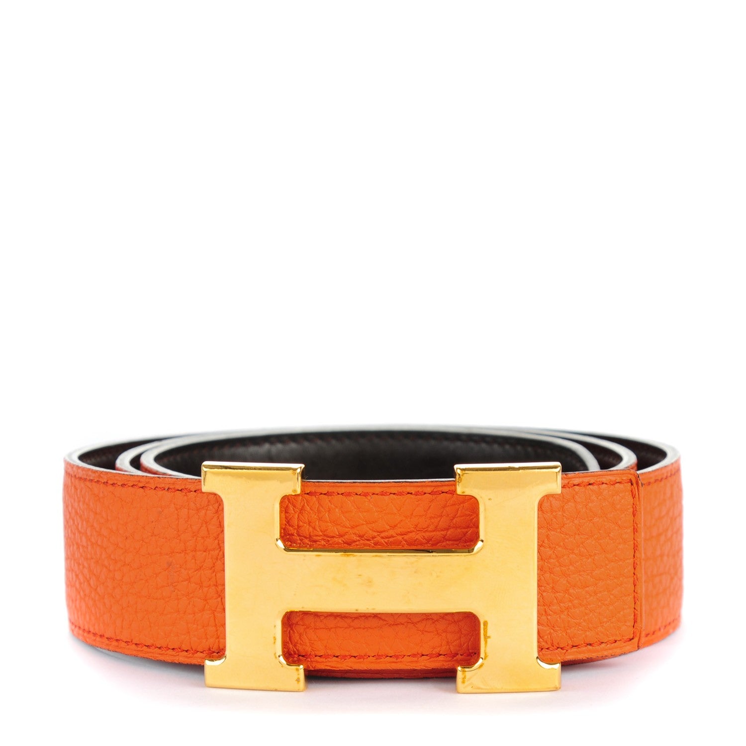 Hermes Togo Box 32mm H Belt 80 Orange Chocolate 1 of 6