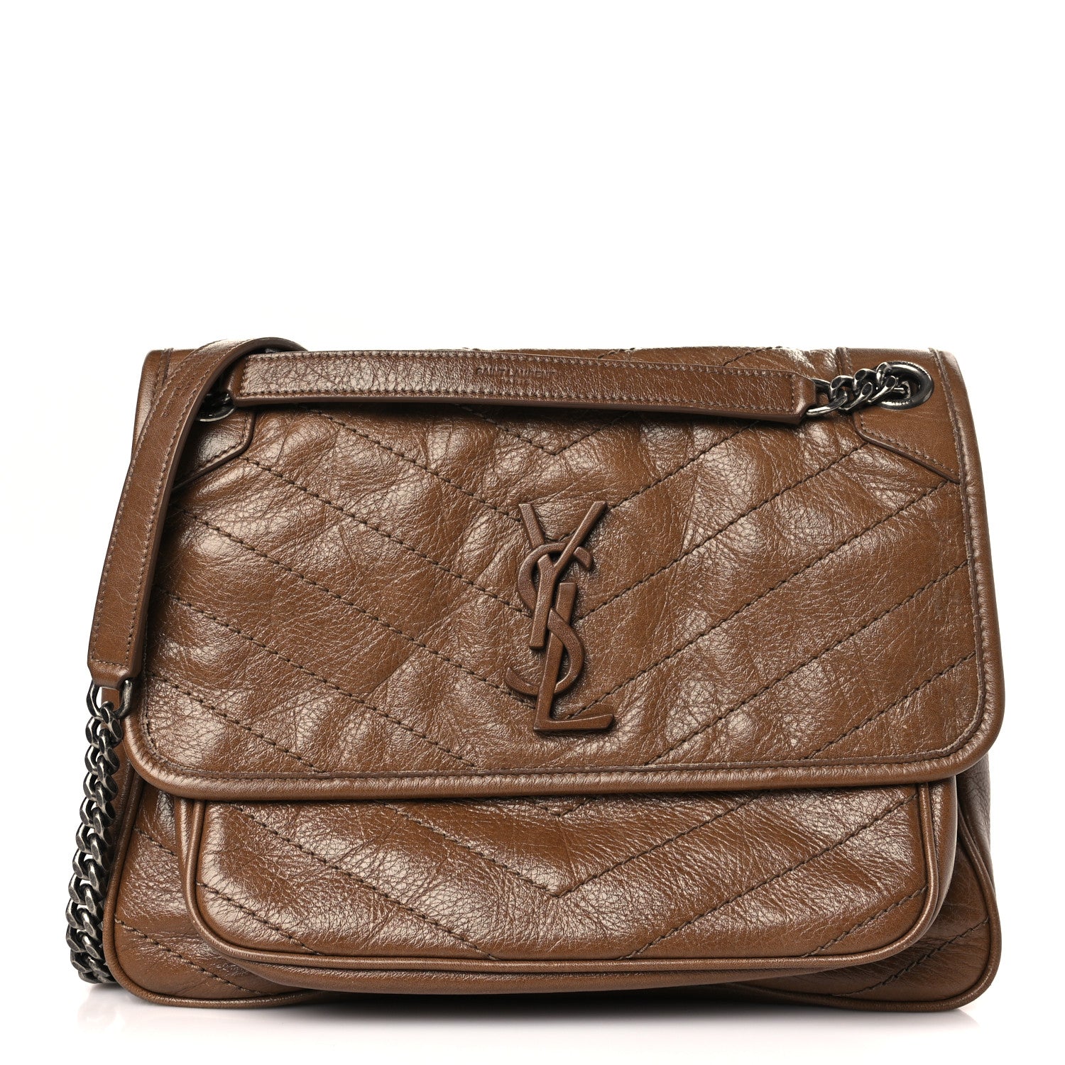 Saint Laurent Crinkled Calfskin Matelasse Monogram Medium Niki Chain Satchel Tan Brown 1 of 9