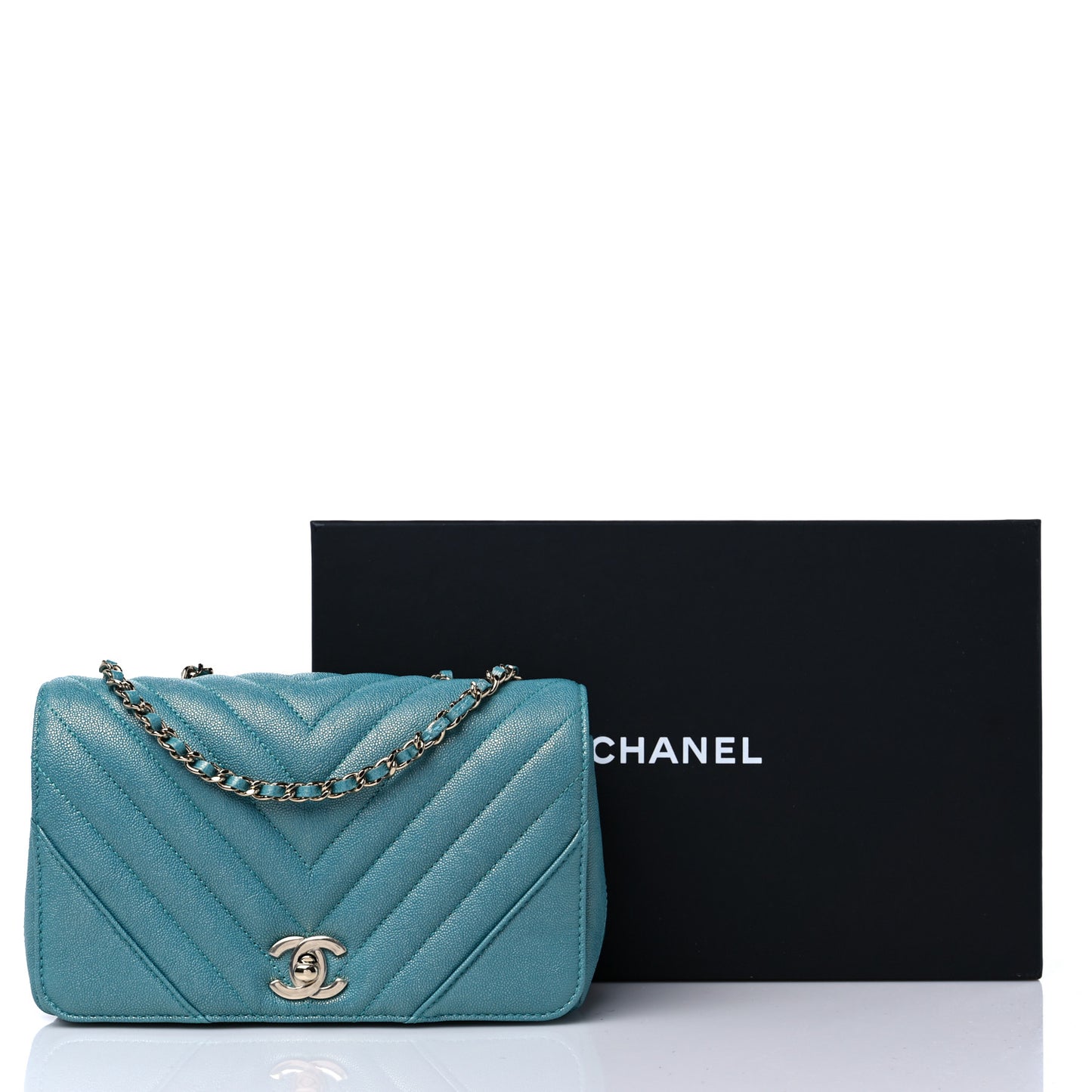 Metallic Caviar Chevron Quilted Medium Statement Flap Turqouise