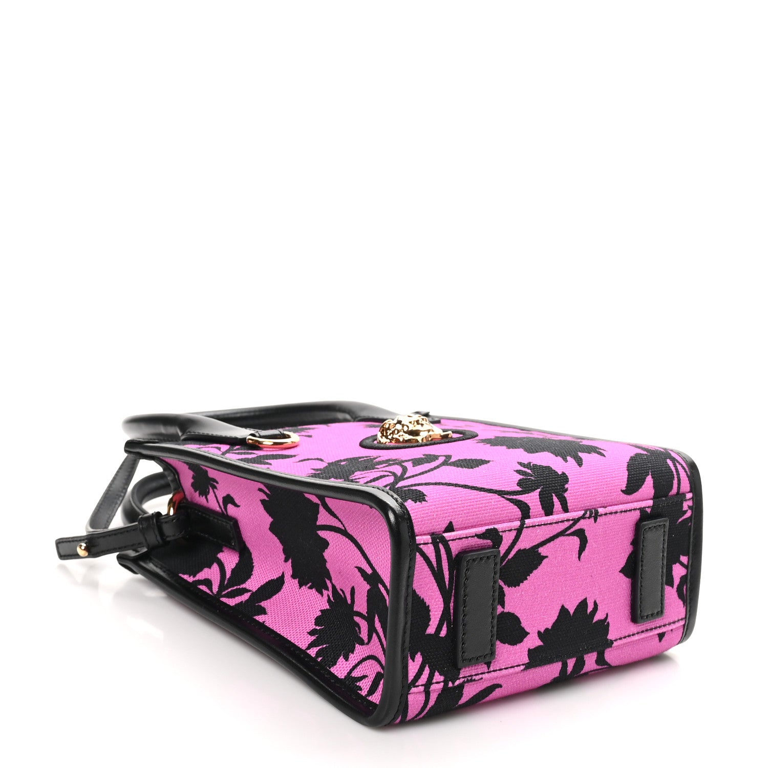 Versace Calfskin Cotton Floral Printed La Medusa Mini Book Tote Black Water Lily 4 of 9