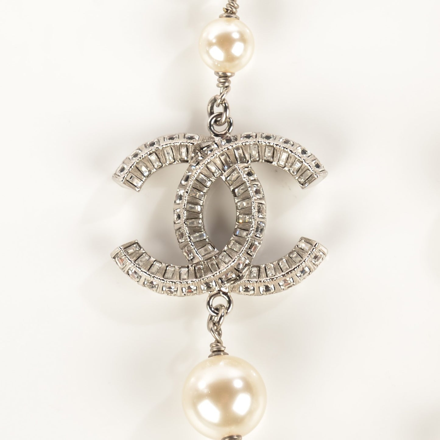 Crystal Pearl CC Long Necklace Silver