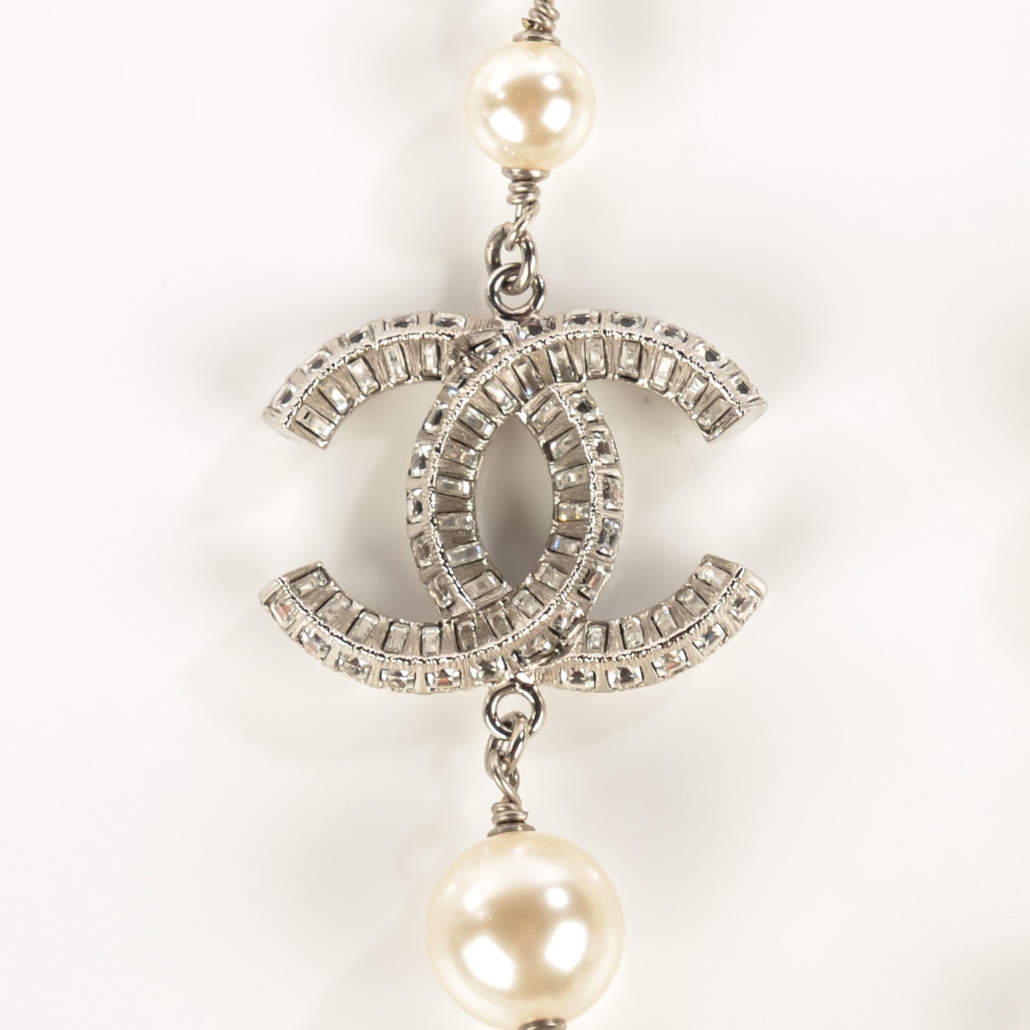 Chanel Crystal Pearl CC Long Necklace Silver 3 of 5