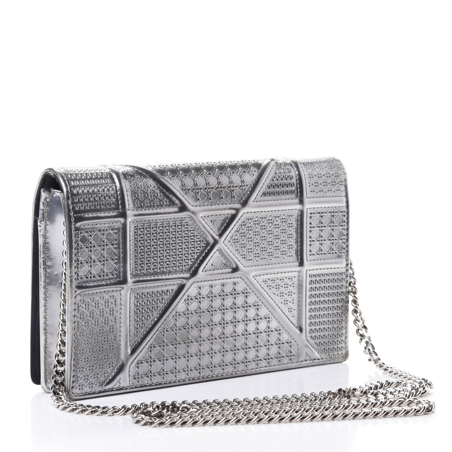 Christian Dior Metallic Patent Micro-Cannage Diorama Wallet on Chain Pouch Silver 2 of 4