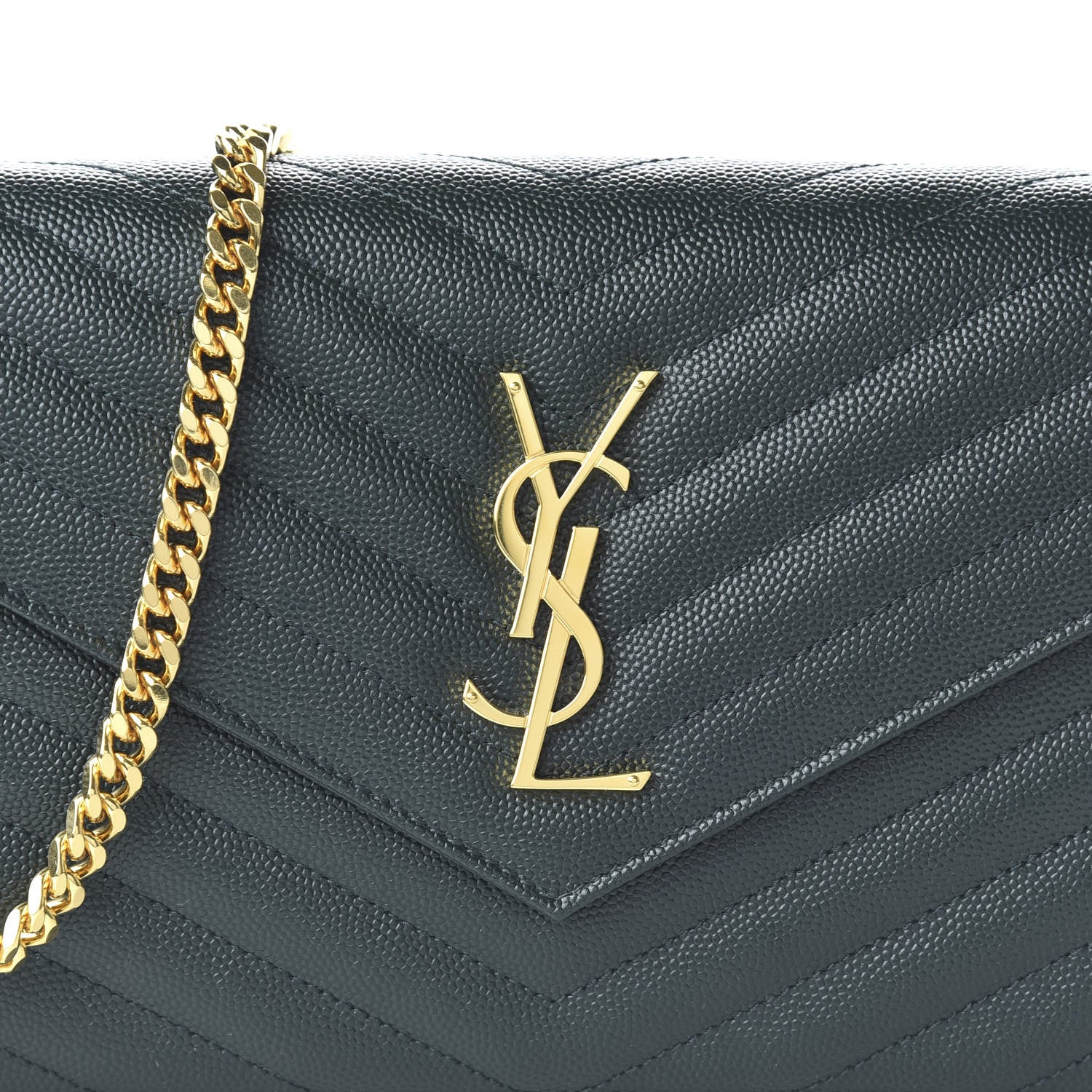 Saint Laurent Grain De Poudre Matelasse Chevron Monogram Chain Wallet Dark Green 9 of 10