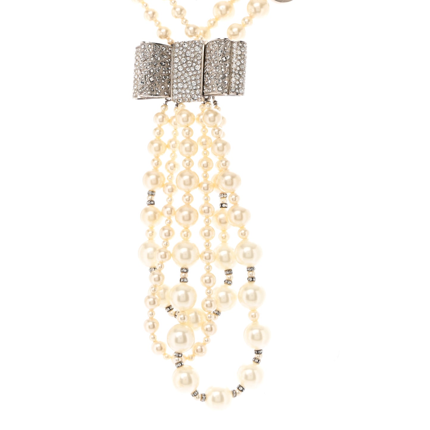 Pearl Crystal CC Bow Lavalier Necklace Silver