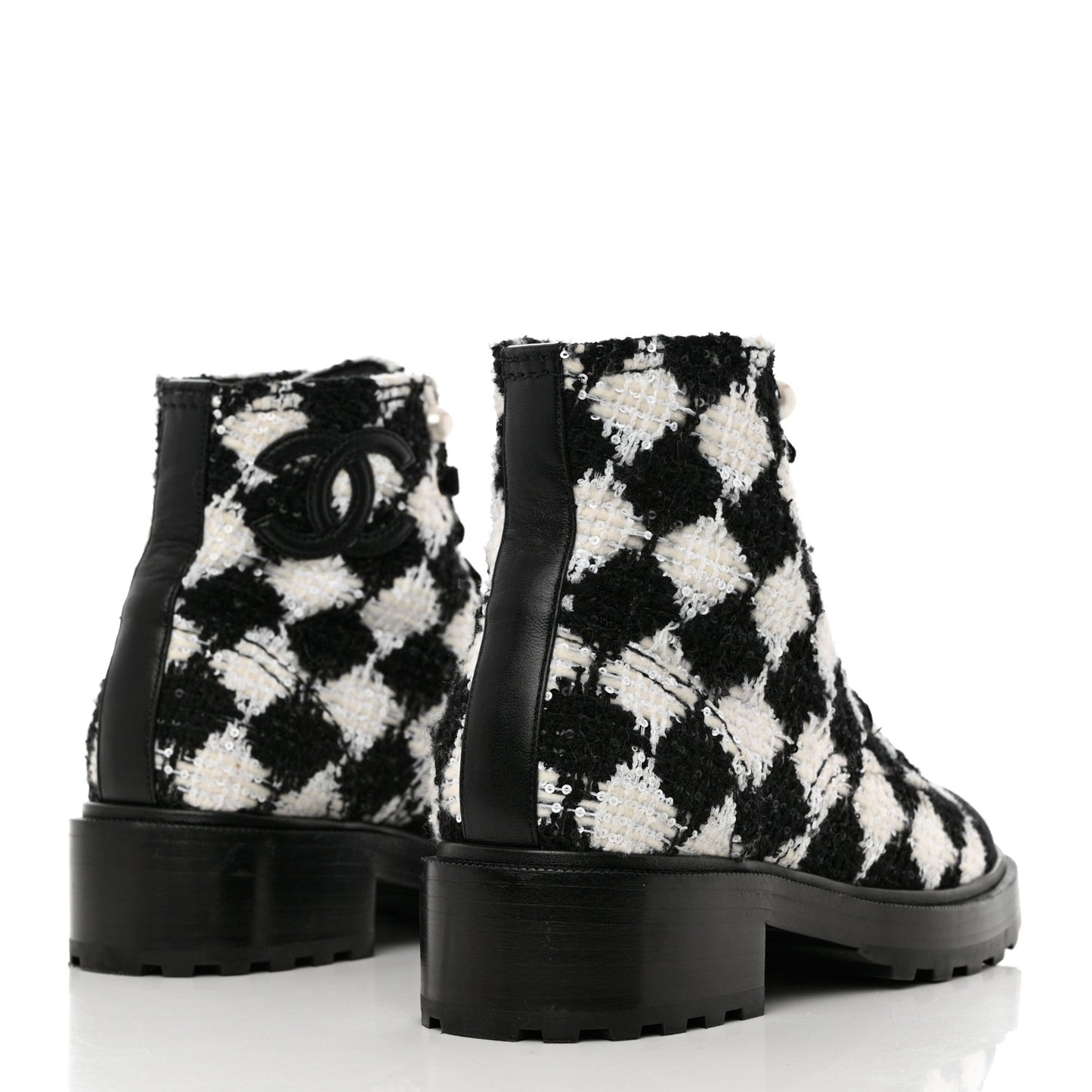 Tweed Grosgrain Pearl Combat Short Boots 38 White Black