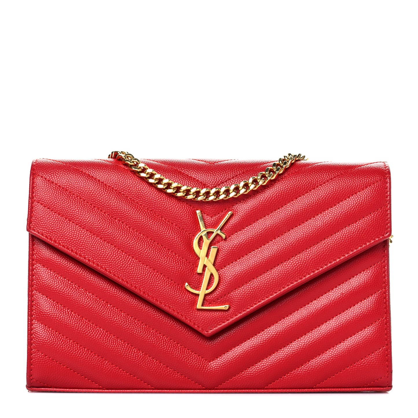 Grain De Poudre Matelasse Chevron Monogram Envelope Chain Wallet New Red