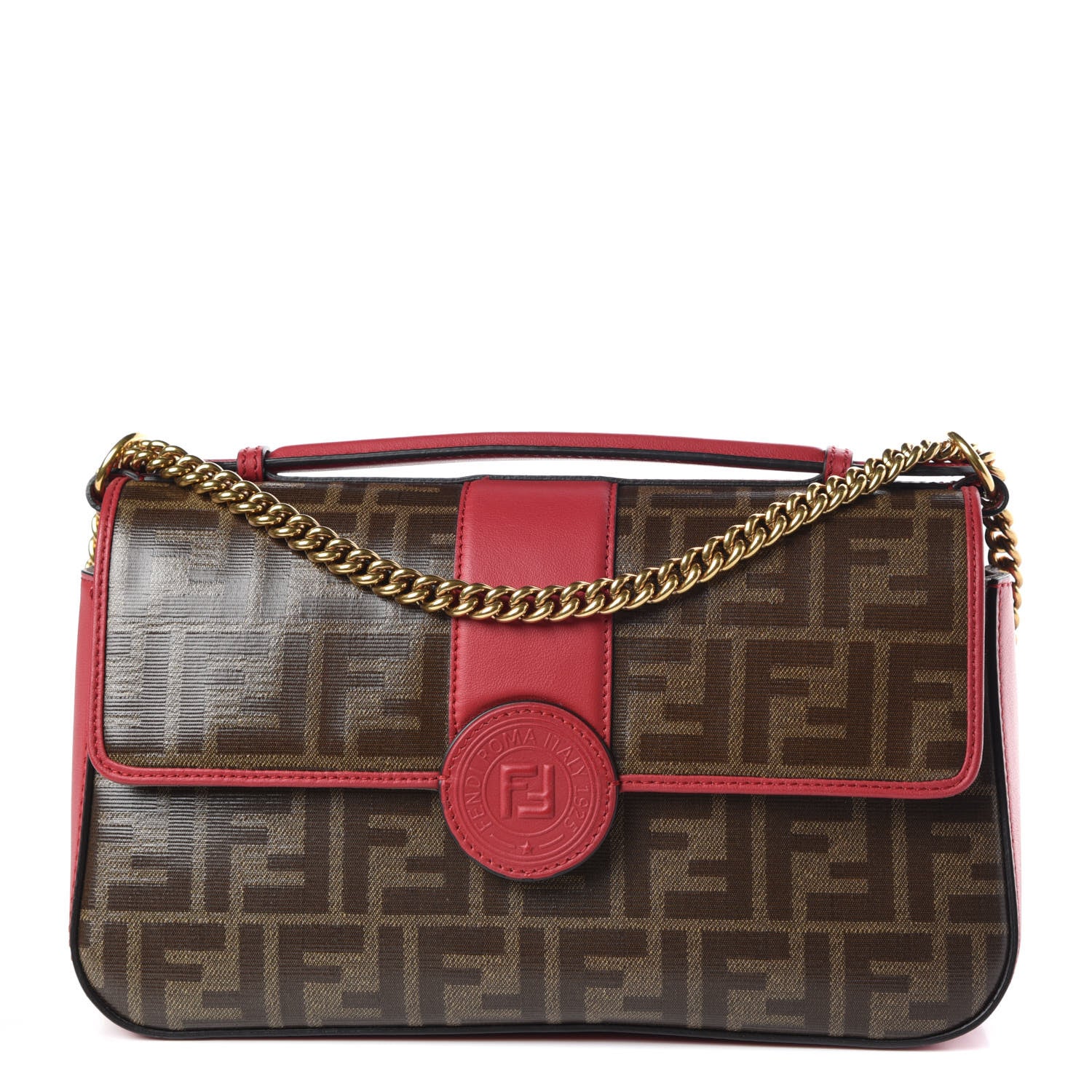 Fendi Vitello Grace Glazed Fabric FF 1974 Double F Shoulder Bag Fragola Mogano Panna 1 of 10